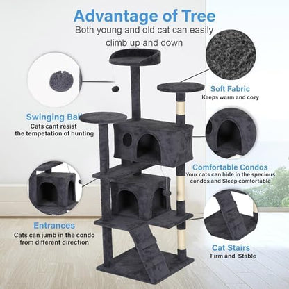 FDW | 62" Cat Tree Tower | Dark Gray | Multi-Level Indoor Activity Center