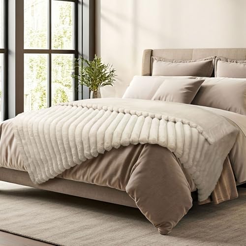 DEZ FURNISHINGS Luxury Reversible Textured Stripe Faux Fur & Velvet Throw Blanket, Twin (66" x 90"), Taupe