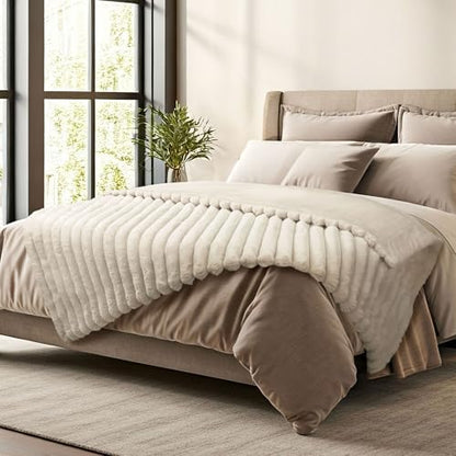 DEZ FURNISHINGS Luxury Reversible Textured Stripe Faux Fur & Velvet Throw Blanket, Twin (66" x 90"), Taupe
