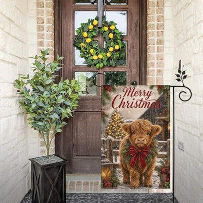 Merry Christmas Garden Flag 12x18 Inch Highland Cow Pine Wreath Red Bow Snowy Barn Plaid Vintage Farmhouse Outdoor Yard Lawn Front Porch Welcome Double Sided Banner Decor
