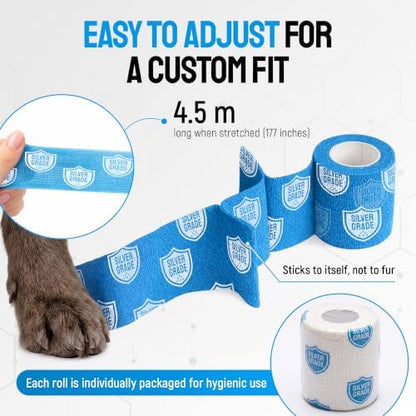 SILVER GRADE Vet Wrap for Horses, Cats, Birds & Other Animals – First Aid Dog Bandages for Wounds to Stop Licking & Scratching – 6 Rolls of Elastic Self-Adhering Bandages with Natural Rubber Latex