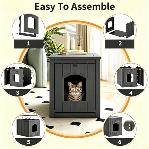 Cat Litter Box Enclosure, Multi-Purpose Resin Hidden Cat Litter Cabinet, Indoor Outdoor Weather Resistant Pet Litter Box Furniture, Easy Cleaning & Tool-Free Installation, Black