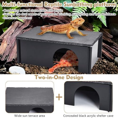 Black Acrylic Bearded Dragon Basking Platform Snake Hide with Slate Rock