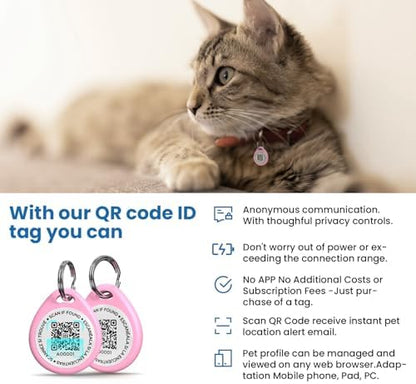 QR Code Cat Tags Personalized Small, Real-time Alerts, Pink