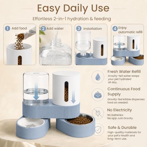 Gravity Cat Feeder 2 Pack Automatic Food Feeder Stainless Steel Water Dispenser Set 360 Degree Rotatable Pet Bowls with Silicone Mat for Cats Small Medium Dogs, Large Capacity(Blue)
