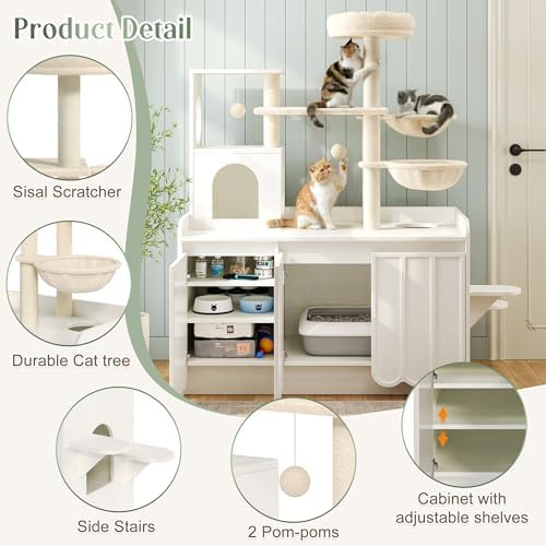 Cat Tree with Litter Box Enclosure, 50.6" Cat Tower & Condo, White