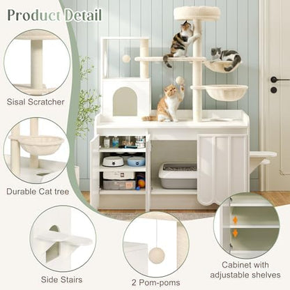 Cat Tree with Litter Box Enclosure, 50.6" Cat Tower & Condo, White