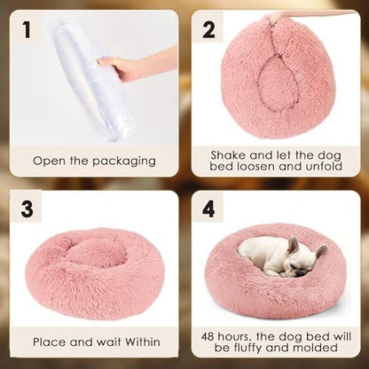 28in Large Dog Bed, Calming Donut Bed for Puppy and Kitten (Pink)