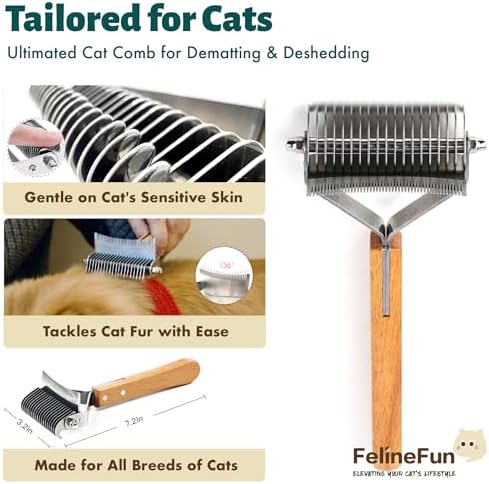 FelineFun Cat Brush for Dematting & Deshedding, 2 in 1 Undercoat Rake, Efficiently Remove Loose Hair & Matted Fur, Professional Shedding Comb for Indoor Cats & Long Haired Cats