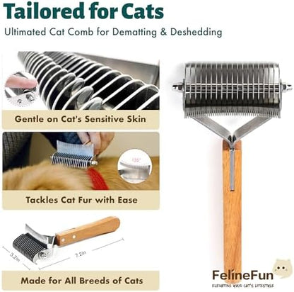 FelineFun Cat Brush for Dematting & Deshedding, 2 in 1 Undercoat Rake, Efficiently Remove Loose Hair & Matted Fur, Professional Shedding Comb for Indoor Cats & Long Haired Cats