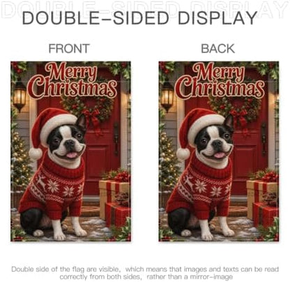 Merry Christmas Garden Flag 12x18 Inch Boston Terrier Santa Hat Red Sweater Wreath Gift Holiday Farmhouse Outdoor Yard Lawn Front Porch Welcome Double Sided Banner Decor