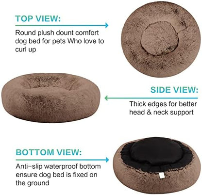 SAVFOX 23 inches Calming Donut Dog Bed - 3X Durable Plush Faux Fur, Machine Washable & Non-Slip, Fits up to 25 lbs, Brown