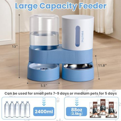 Automatic Cat Feeder Stainless Steel Water Dispenser Gravity Food Feeder and Waterer Set with Pet Food Bowl for Small Medium Kitten Puppy Pets Large Capacity(Blue)