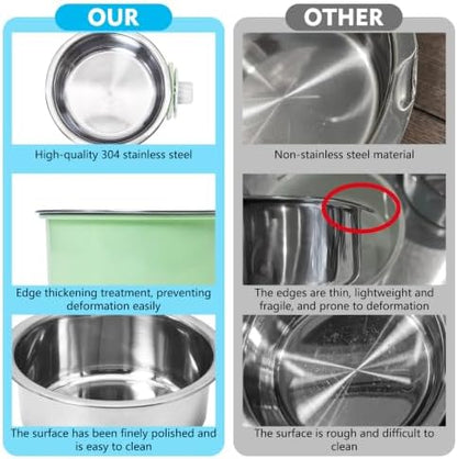 kathson Crate Dog Bowl, Removable Stainless Steel Hanging Pet Cage Bowl Food & Water Feeder Coop Cup for Cat, Puppy, Birds, Rats, Guinea Pigs (3 PCS, Size: M, Blue, Green, Pink)