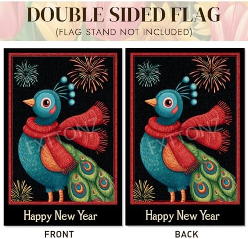 Happy New Year Garden Flag 12x18 Double Sided Vertical Linen Small Fireworks Peacock House Flag Welcome Holiday Winter House Outdoor Outside Decorations (27185)