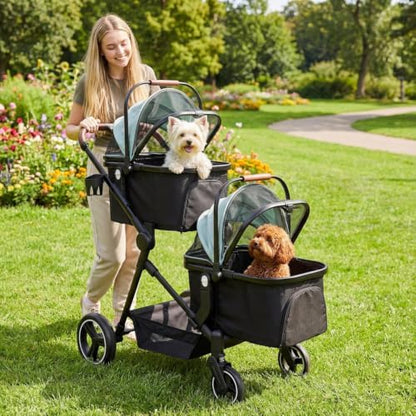 Foldable Double Pet Stroller for 2 Small Medium Cats Dogs