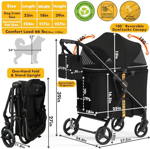 PAWZIDEA Dog Stroller for Large Dogs, No-Zip 180° Canopy, One-Hand Foldable