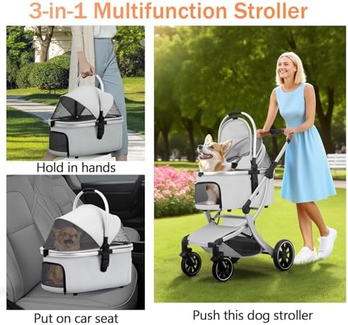3 in 1 Pet Stroller for Small/Medium Dogs & Cats with Detachable Carrier, Storage Basket and Pet Pad, 4 Wheels Foldable Pet Travel Carrier for Car Seat & Hand Carry, Safe Outings (Khaki)