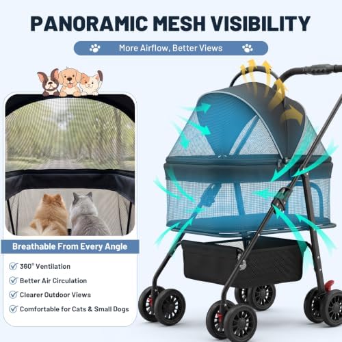 Dog Stroller for Small Dogs, Foldable Pet Stroller up to 35 lb, Panoramic Mesh Pet Cat Stroller with Detachable Carrier, with Safety Tether, Puppy Doggie Stroller for Medium Dogs 20 lbs, Light Black