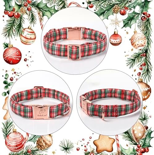Christmas Plaid Dog Collar for Puppy Small Dogs - Green & Rose Tartan Christmas Collars for Dogs, Sweet Festive Winter Heavy-Duty Adjustable Dog Collars with Metal Buckle XS