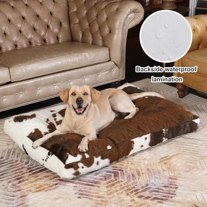 Bedfolks Plush Waterproof Dog Crate Bed, Faux Fur Kennel Pad for Extra Large Dogs, Removable Washable Cover, 41"x27", Cow Print