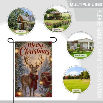 Christmas Reindeer Garden Flag 12x18 Inch Merry Holiday Deer Lighted Antlers Sleigh Gifts Lantern Snowy Forest Rustic Outdoor Yard Lawn Porch Double Sided Banner Welcome Decor