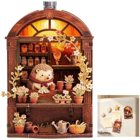 DIY Miniature Wooden House Model Fridge Magnet Kit, Magnet Building Hedgehog Doll House Mini Kits with Led Light for Refrigerator & Desk Bookshelf Decor, for Adults,Beginners, 3D Puzzles Crafts Gifts