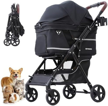 Dog Stroller with No-Zip Buckle Canopy, fits 2 Small Cats or 1 Medium pet,44 lbs Capacity One-Hand Fold,Lockable Front Wheels, Rear Brake