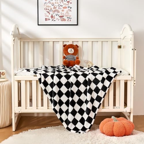 Yurhap Checkered Baby Blanket Fleece Baby Blankets for Boys Girls, Ultra Soft Cozy Fluffy Infant Toddler Newborn Receiving Blankets for Crib Stroller, 30''x40'', Black