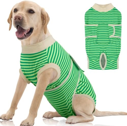 FUAMEY Dog Recovery Suit Male,Dogs Surgery Neuter Suits Puppy Spay Shirts for Female Incision Protection Anti Licking Wounds Doggie Onesie Pet Bodysuit Surgical Recovery Suit Green Stripes XL