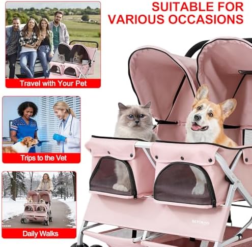 Double Pet Stroller for 2 Small Dogs & Cats, Side-by-Side Twin Travel Carriage with Safety Leashes, Mesh Windows & Double Storage Baskets, Lightweight & Foldable, 44lbs Capacity, Pink