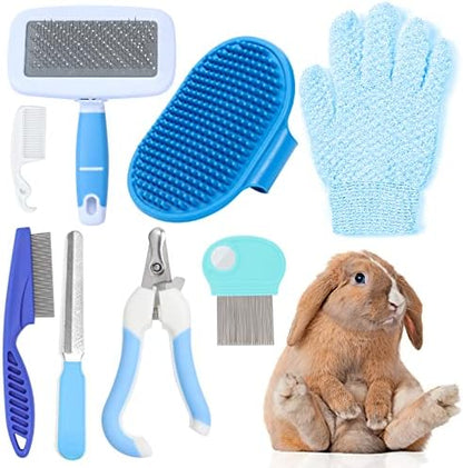VCZONE Small Animal Grooming Set: Pet Nail Clipper & File, Flea Comb, Shampoo Brush, Shedding Slicker Brush, Massage Glove, Cleaning Comb (Blue)