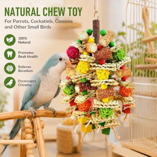 Parrot Chew Toy, Natural Material Bird Foraging Toy for Conures, Quaker Parrots, Medium-Sized Birds - Colorful Hanging Shredding Toy with Woven Ball, Corn Cob and Wooden Beads