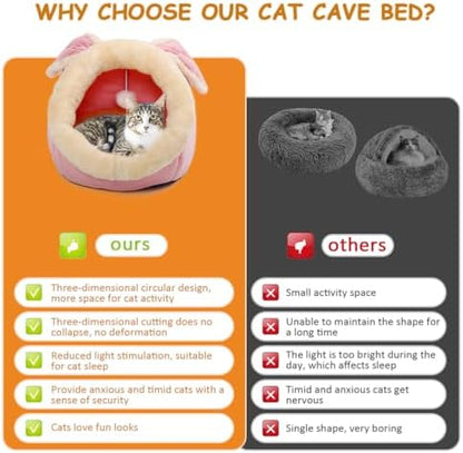 Cat Beds for Indoor Cats-Rabbit-Shaped Cat Cave Bed with Hanging Toy,Pink L