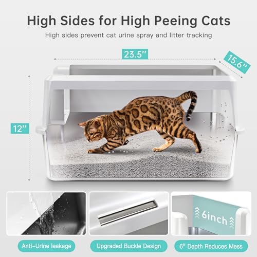 Stainless Steel Cat Litter Box, XL High Sided Open Top Pan with Scoop