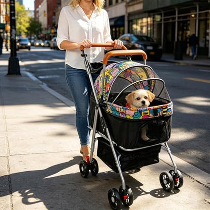 Pet Stroller with Storage Basket and Cup Holder, Folding Dog Jogger, Foldable Cat Stroller, 3 in 1 Puppy Kitten Cart, Pet Jogger for Medium Dog Cat (Magic Black)