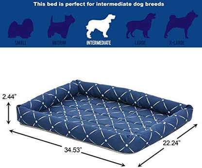 MidWest Homes for Pets 40236-BLD Quiet Time Couture Ashton Bolster Pet Bed, Intermediate Dog/36, Blue, Blue & White Diamond Pattern