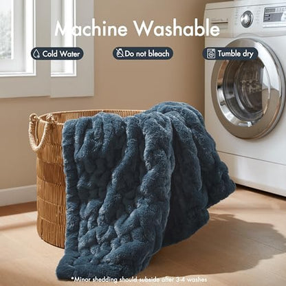 Madison Park Ruched Fur Throw Faux Fur Blanket, 50" x 60", Slate Blue