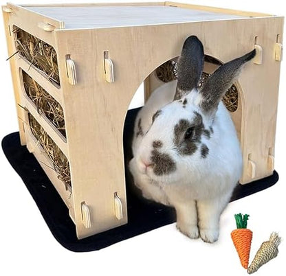 Kiwi&Mora Wooden Bunny Hideout – Large Indoor Rabbit House with Hay Feeder