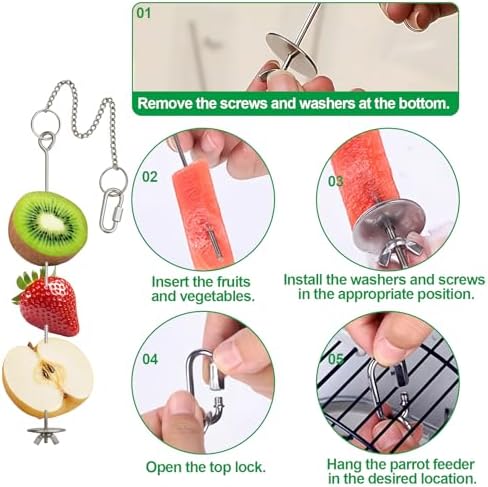 2 Pcs Chain Clauses Bird Cage Food Holder Stainless Steel Parrot Fruit & Vegetable Skewer Hanging Foraging Toy for Parakeets, Budgies, Macaws