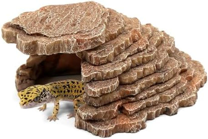 Gecko Hide Shale Scape Step Ledge, Reptile Cave Hideout Tank Accessories Decorations, Great for Reptiles, Amphibians, Leopard Gecko, Lizard, Frogs, Turtle (Small-7.3 * 4.4 * 3)