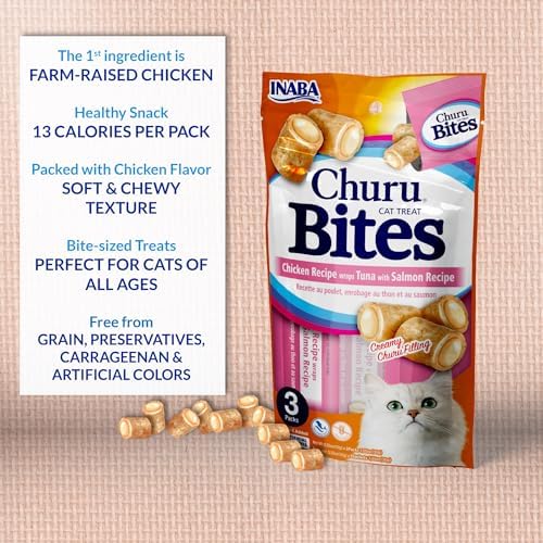 INABA Churu Bites for Cats, Soft/Chewy Baked Chicken Wrapped Churu Filled Cat Treats with Vitamin E, 0.35 Ounces per Tube, 24 Tubes Total (3 Tubes per Pack), Tuna with Salmon Recipe