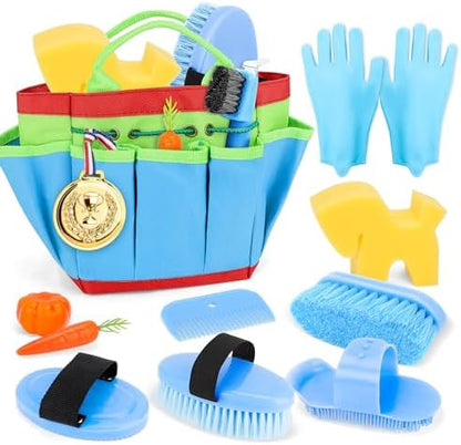 deAO Horse Grooming Brush Kit 12Pcs Horse Tack with Tote Bag,Care Tool,Blue