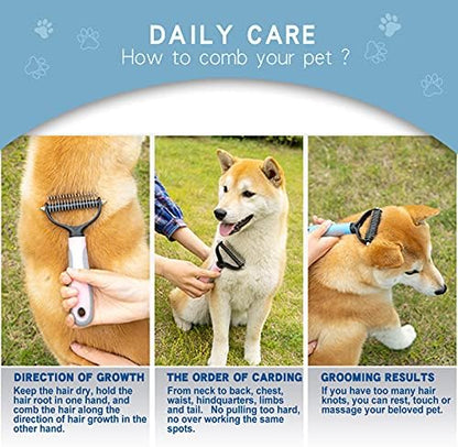 GOESWELL Double-Sided Undercoat Rake for Pet Grooming - Shedding and Dematting Comb with Grooming Glove (Blue 2 Pack)
