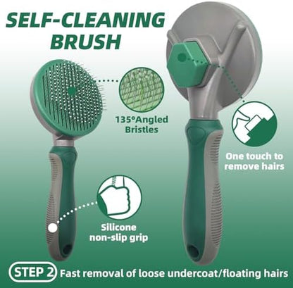 Pet Grooming Kit - 7 PCS Green Deshedding Brush Set with Undercoat Rake, Slicker Brush, Bath Brush & Nail Clipper for Short & Long-Haired Dogs and Cats