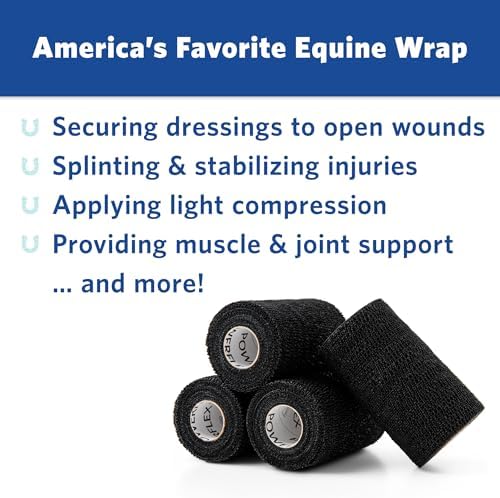 OVIK Health PowerFlex Equine – Extra Strong Self-Adhering Bandage Wrap – Wound Care, Compression & Support Bandage for Horses, Cows & Dogs – Black, 4 inch, 4 Rolls (Resealable Case)