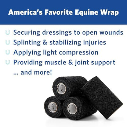 OVIK Health PowerFlex Equine – Extra Strong Self-Adhering Bandage Wrap – Wound Care, Compression & Support Bandage for Horses, Cows & Dogs – Black, 4 inch, 4 Rolls (Resealable Case)