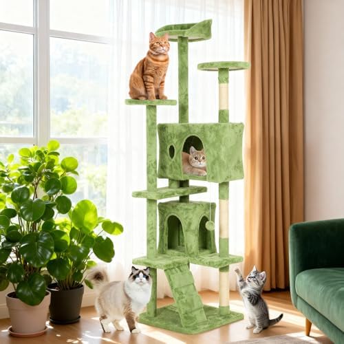 BestOffice 70 Inch Cat Tree, Multi-Level Cat Tower with Condo, Perches, Sisal Scratching Posts, Climbing Ladder,Indoor Activity Center Play House for Kittens & Adult Cats, Green