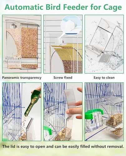Hamiledyi No Mess Bird Feeder Automatic Transparent Acrylic Parrot Seed Food Container with Perch Bird Cage Accessories for Parakeet Finch Lovebirds Budgies Canary