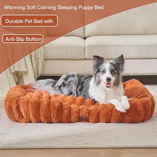 Luxury Dog Beds,Large Sized Dog Washable Furry Pet Beds,Comfort Rectangle Pet Sofa Couch with Ultra,Puppy Beds with Removable Zipper Cover,30x25x7.5inches,Burnt Orange